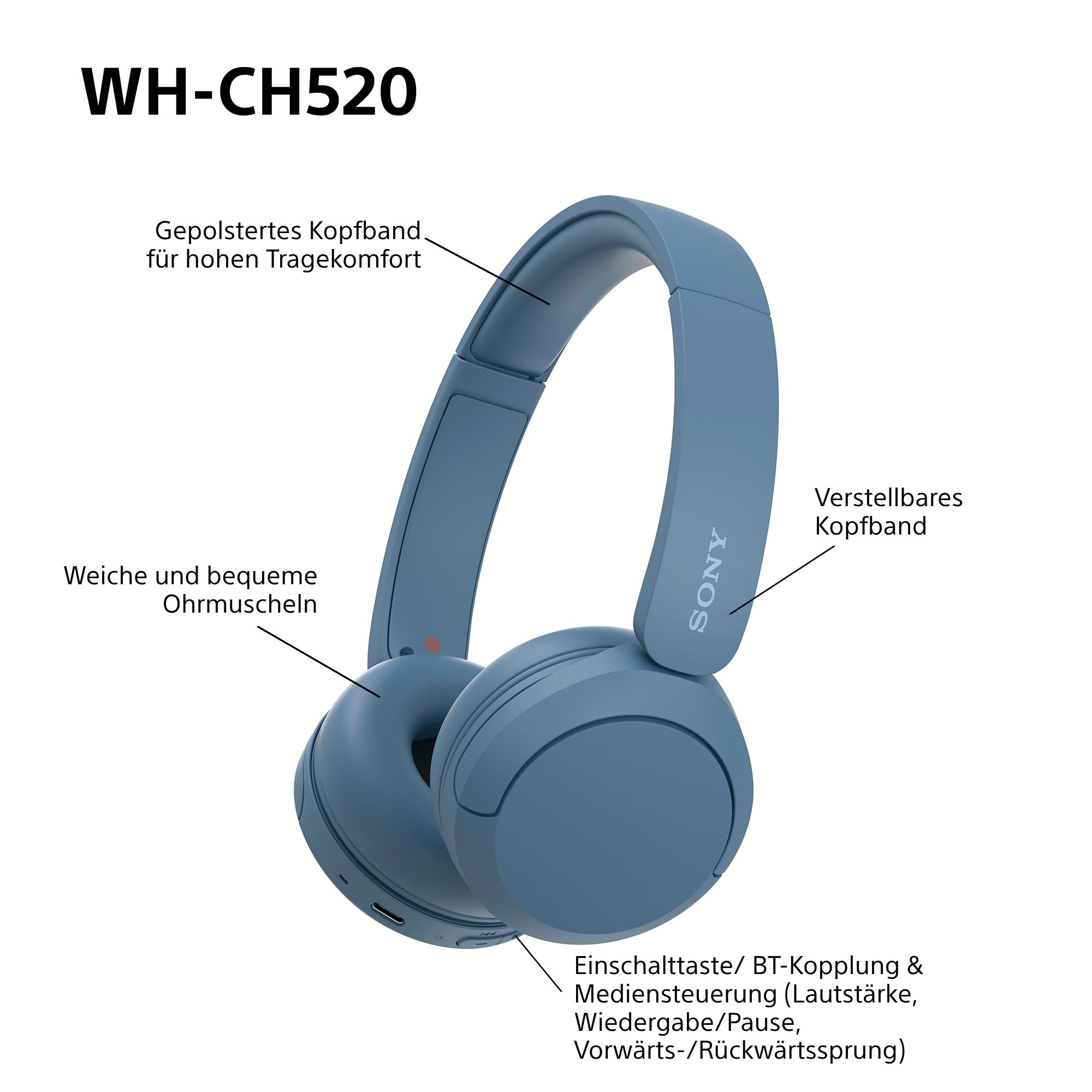 Sony WH-CH520 kabellose Bluetooth-On-Ear-Kopfhörer Hohe Klangqualität, leichtes Design, bis zu 50 Stunden Akkulaufzeit, Schnellladefunktion, EQ, klare Gesprächsqualität, kompatibel mit iOS & Android – Farbe: Beige.
