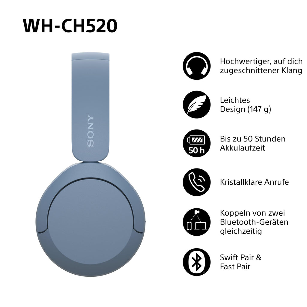 Sony WH-CH520 kabellose Bluetooth-On-Ear-Kopfhörer Hohe Klangqualität, leichtes Design, bis zu 50 Stunden Akkulaufzeit, Schnellladefunktion, EQ, klare Gesprächsqualität, kompatibel mit iOS & Android – Farbe: Beige.