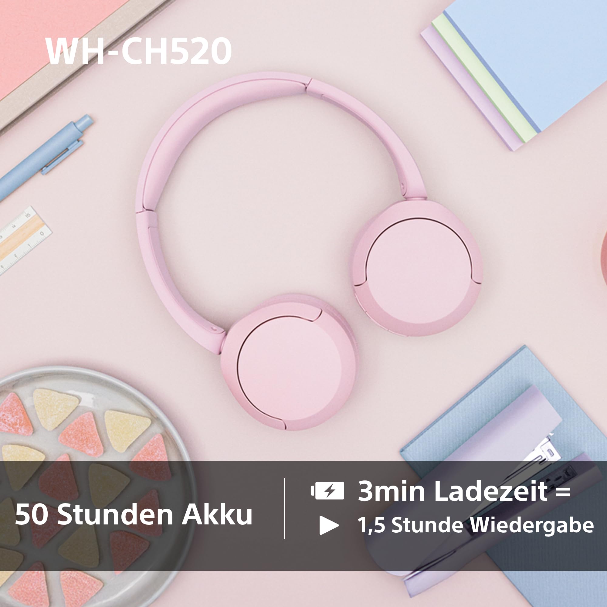 Sony WH-CH520 kabellose Bluetooth-On-Ear-Kopfhörer Hohe Klangqualität, leichtes Design, bis zu 50 Stunden Akkulaufzeit, Schnellladefunktion, EQ, klare Gesprächsqualität, kompatibel mit iOS & Android – Farbe: Beige.