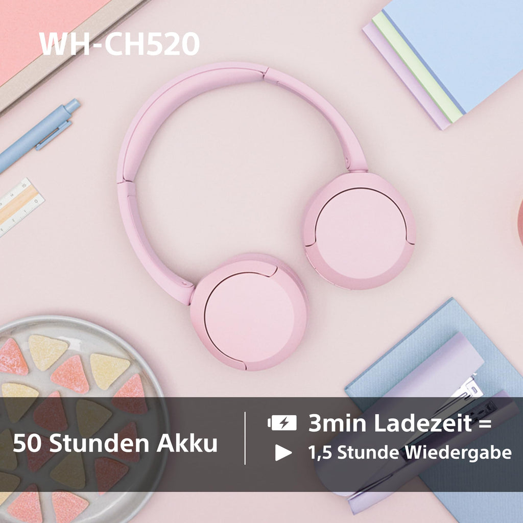 Sony WH-CH520 kabellose Bluetooth-On-Ear-Kopfhörer Hohe Klangqualität, leichtes Design, bis zu 50 Stunden Akkulaufzeit, Schnellladefunktion, EQ, klare Gesprächsqualität, kompatibel mit iOS & Android – Farbe: Beige.