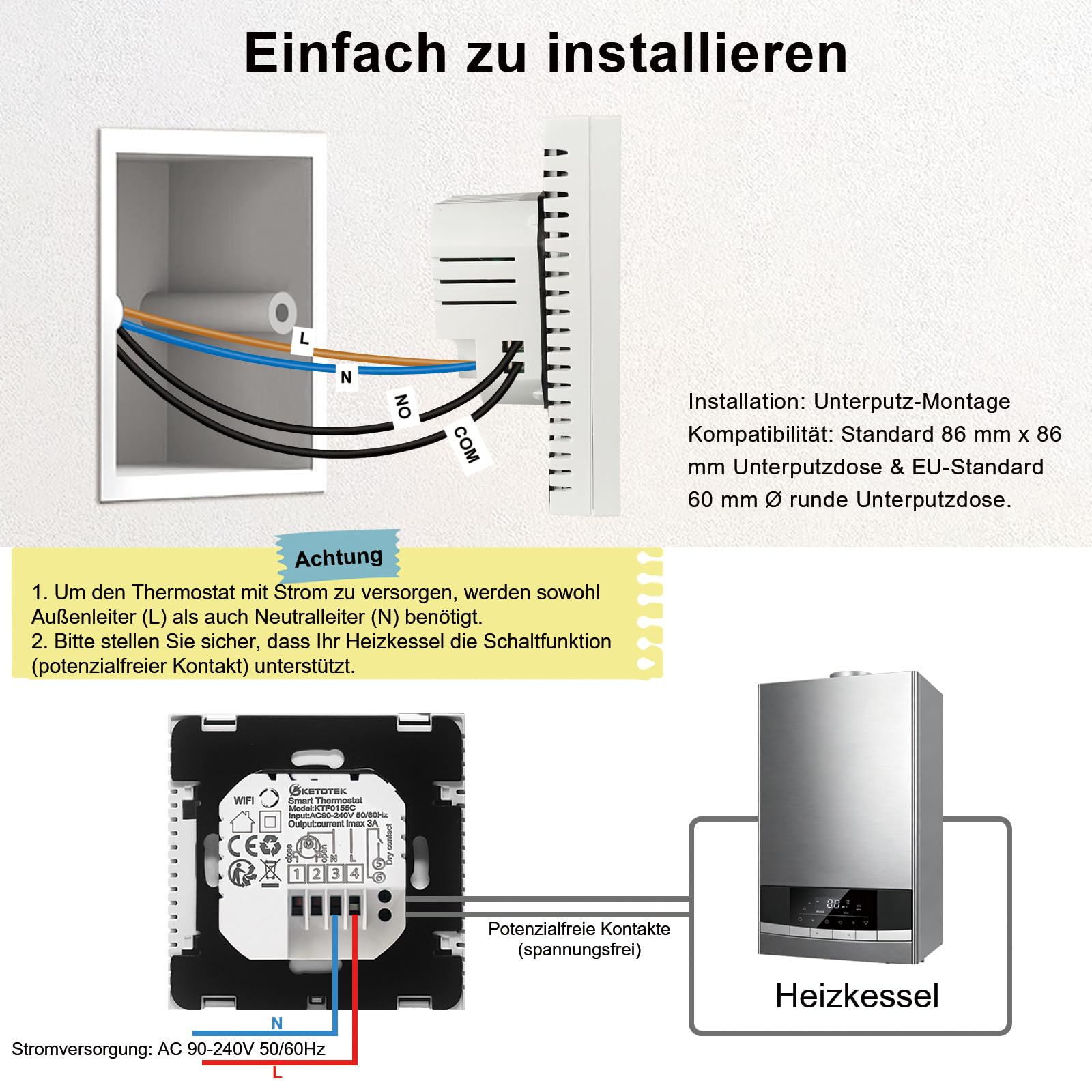 KETOTEK WLAN-Thermostat – kompatibel mit Alexa Echo / Google Home – IFTTT und Tuya – programmierbares Raumthermostat mit Sprach- und App-Steuerung