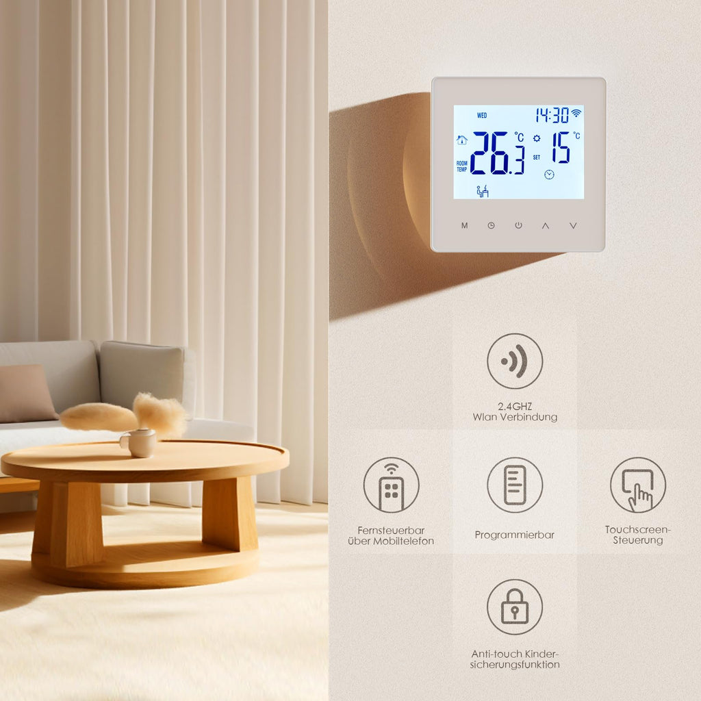 Decdeal WLAN-Thermostat für Wasser-Fußbodenheizung, programmierbar, 230 V, LCD-Display, 3 A, kompatibel mit Tuya-App (Weiß)
