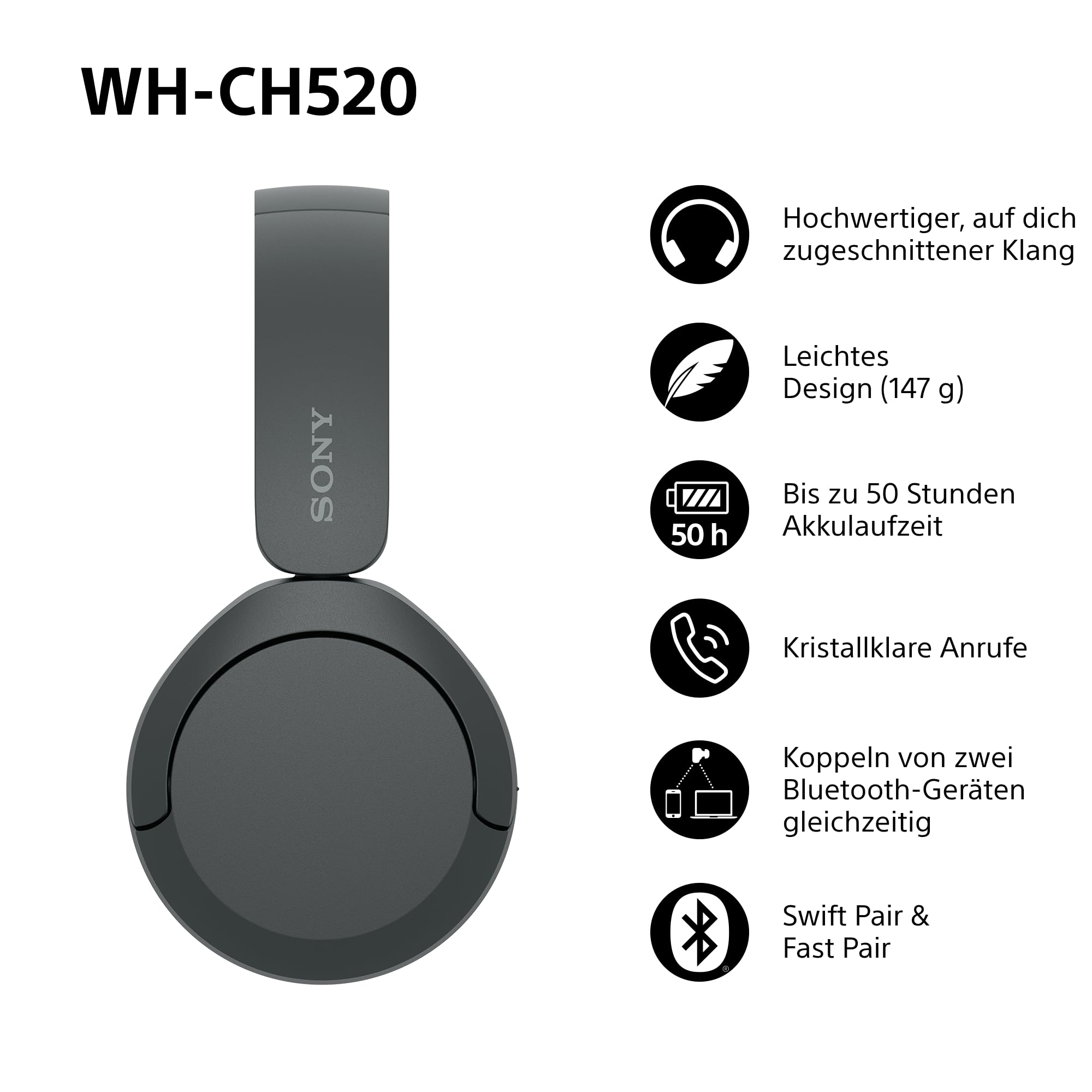 Sony WH-CH520 kabellose Bluetooth-On-Ear-Kopfhörer Hohe Klangqualität, leichtes Design, bis zu 50 Stunden Akkulaufzeit, Schnellladefunktion, EQ, klare Gesprächsqualität, kompatibel mit iOS & Android – Farbe: Beige.