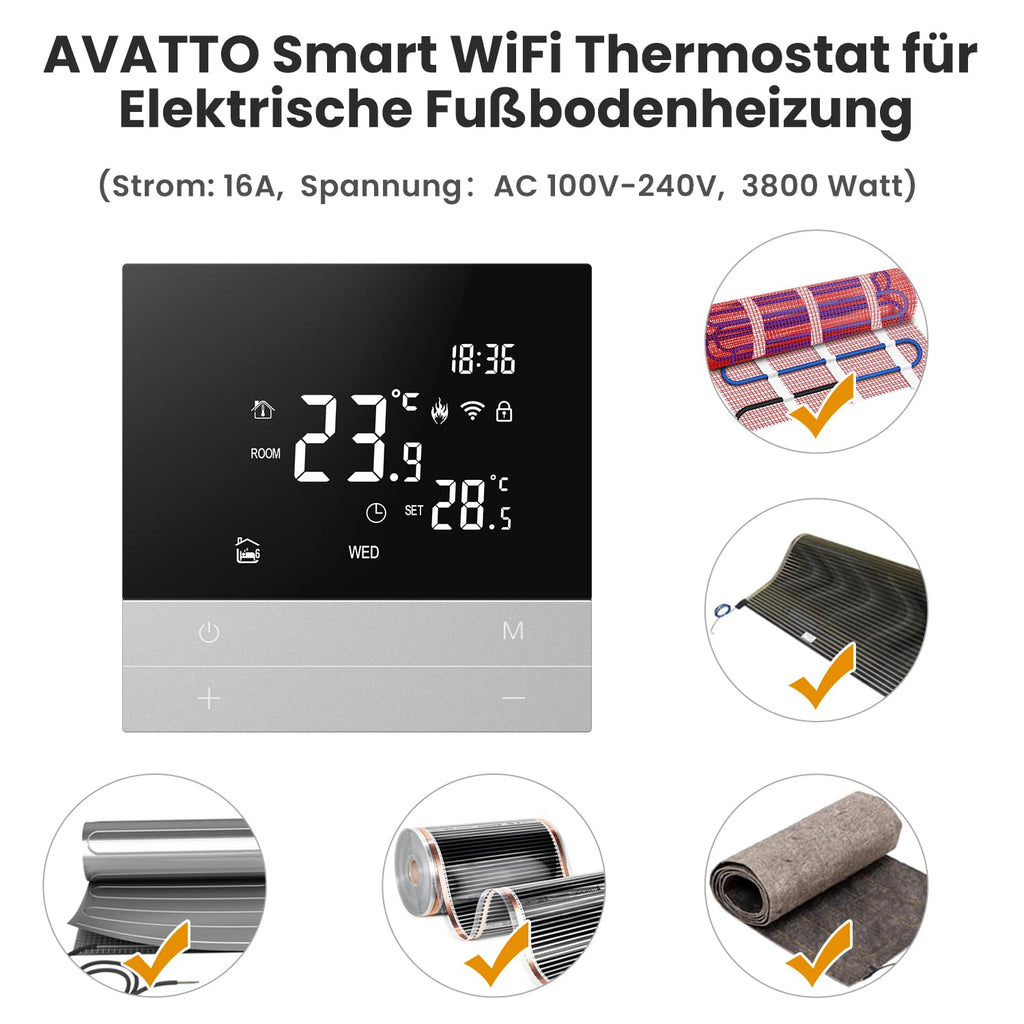 AVATTO Thermostat for Electric Underfloor Heating, Smart WiFi Thermostat Programmable Room Thermostat Compatible with Alexa, Google Home, Voice Control and Smart Life App Remote Control, 2.4 GHz WLAN