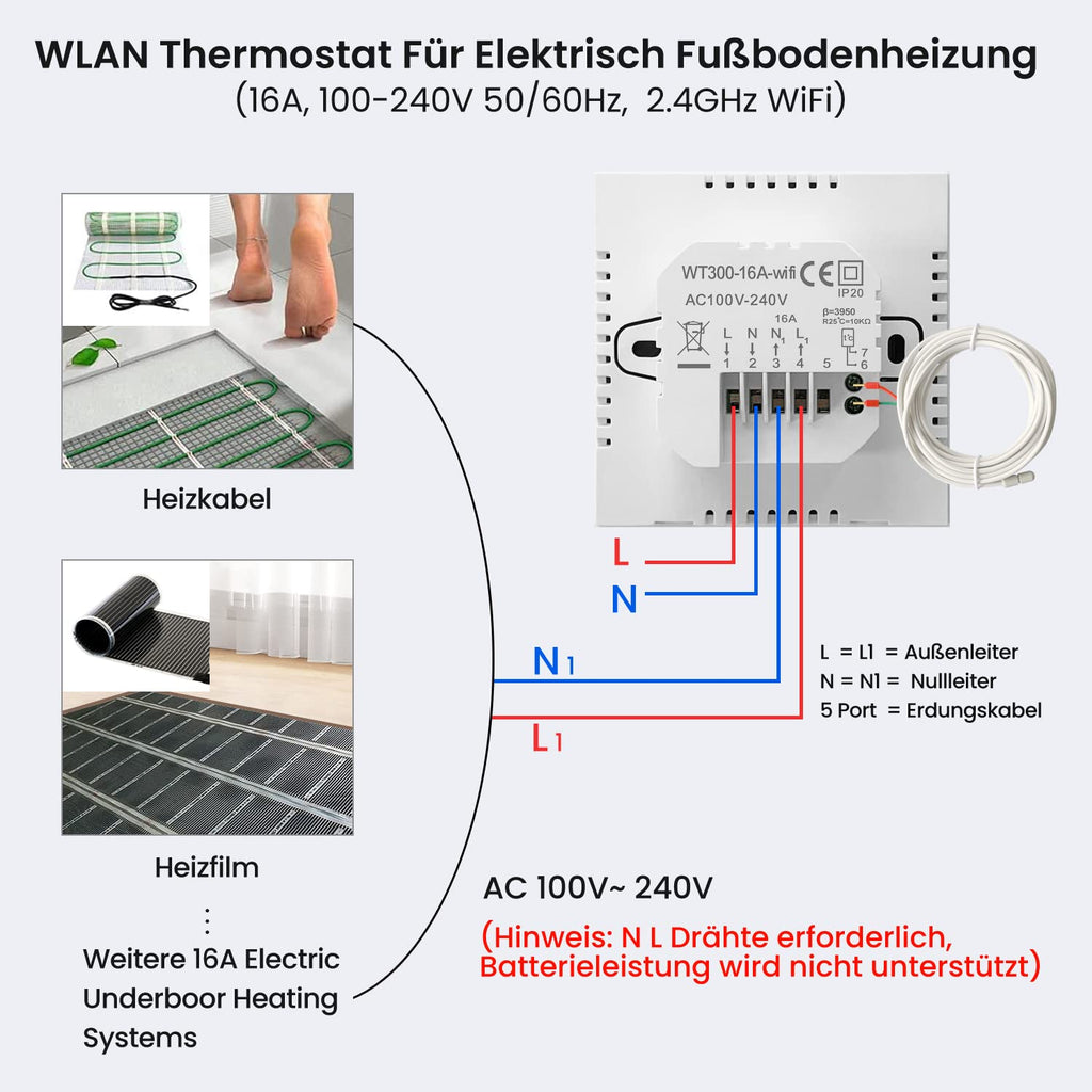 AVATTO Thermostat for Electric Underfloor Heating, Smart WiFi Thermostat Programmable Room Thermostat Compatible with Alexa, Google Home, Voice Control and Smart Life App Remote Control, 2.4 GHz WLAN