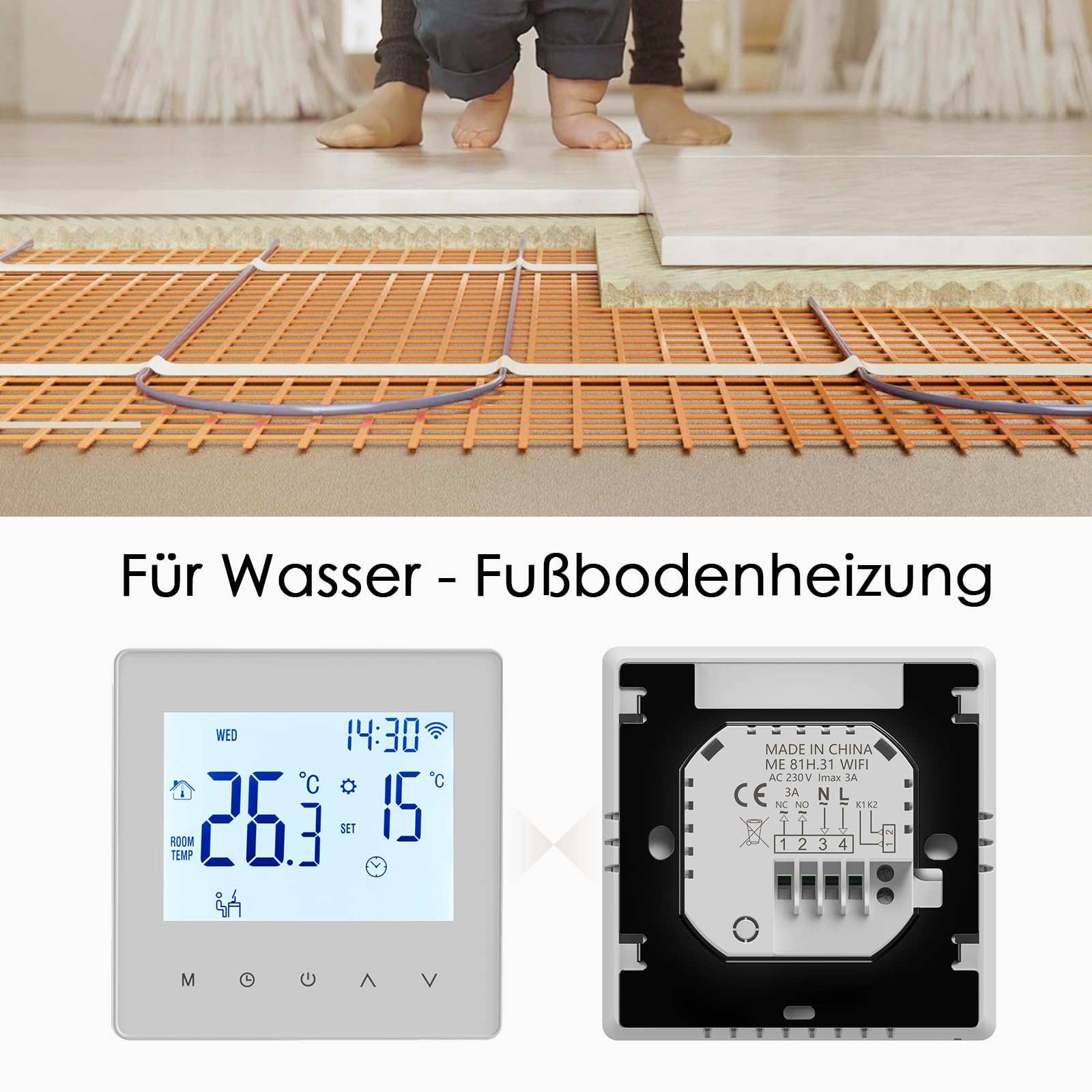 Decdeal WLAN-Thermostat für Wasser-Fußbodenheizung, programmierbar, 230 V, LCD-Display, 3 A, kompatibel mit Tuya-App (Weiß)