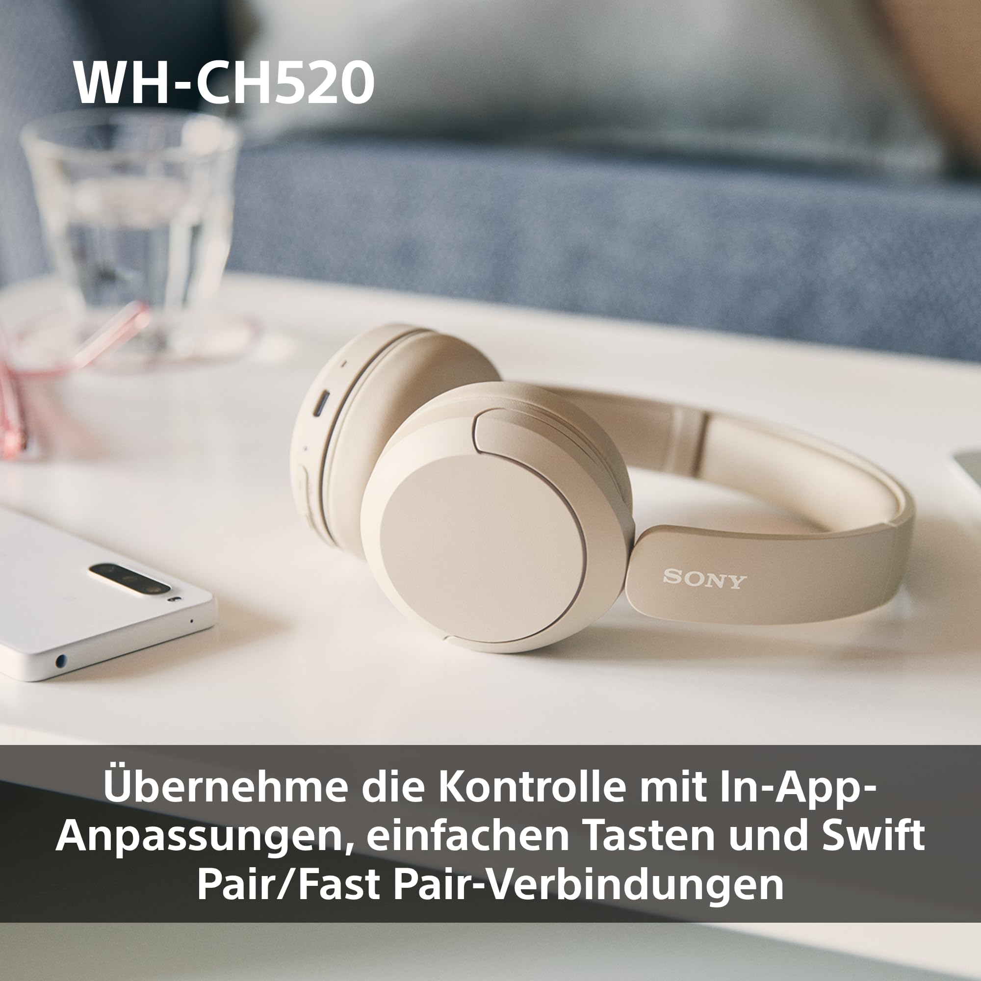 Sony WH-CH520 kabellose Bluetooth-On-Ear-Kopfhörer Hohe Klangqualität, leichtes Design, bis zu 50 Stunden Akkulaufzeit, Schnellladefunktion, EQ, klare Gesprächsqualität, kompatibel mit iOS & Android – Farbe: Beige.