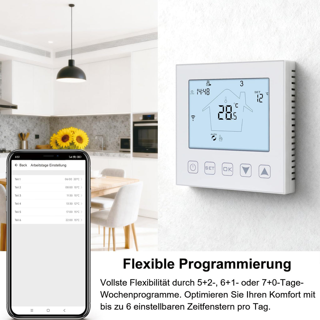 KETOTEK WLAN-Thermostat – kompatibel mit Alexa Echo / Google Home – IFTTT und Tuya – programmierbares Raumthermostat mit Sprach- und App-Steuerung