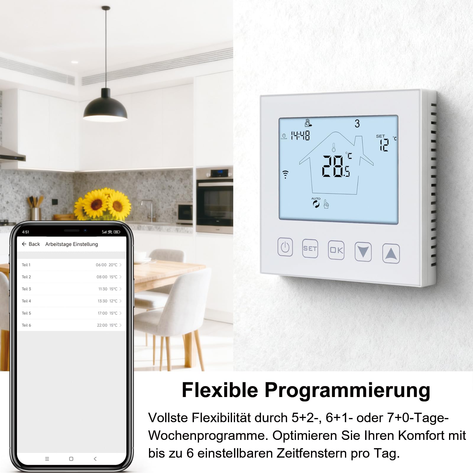 KETOTEK WLAN-Thermostat – kompatibel mit Alexa Echo / Google Home – IFTTT und Tuya – programmierbares Raumthermostat mit Sprach- und App-Steuerung