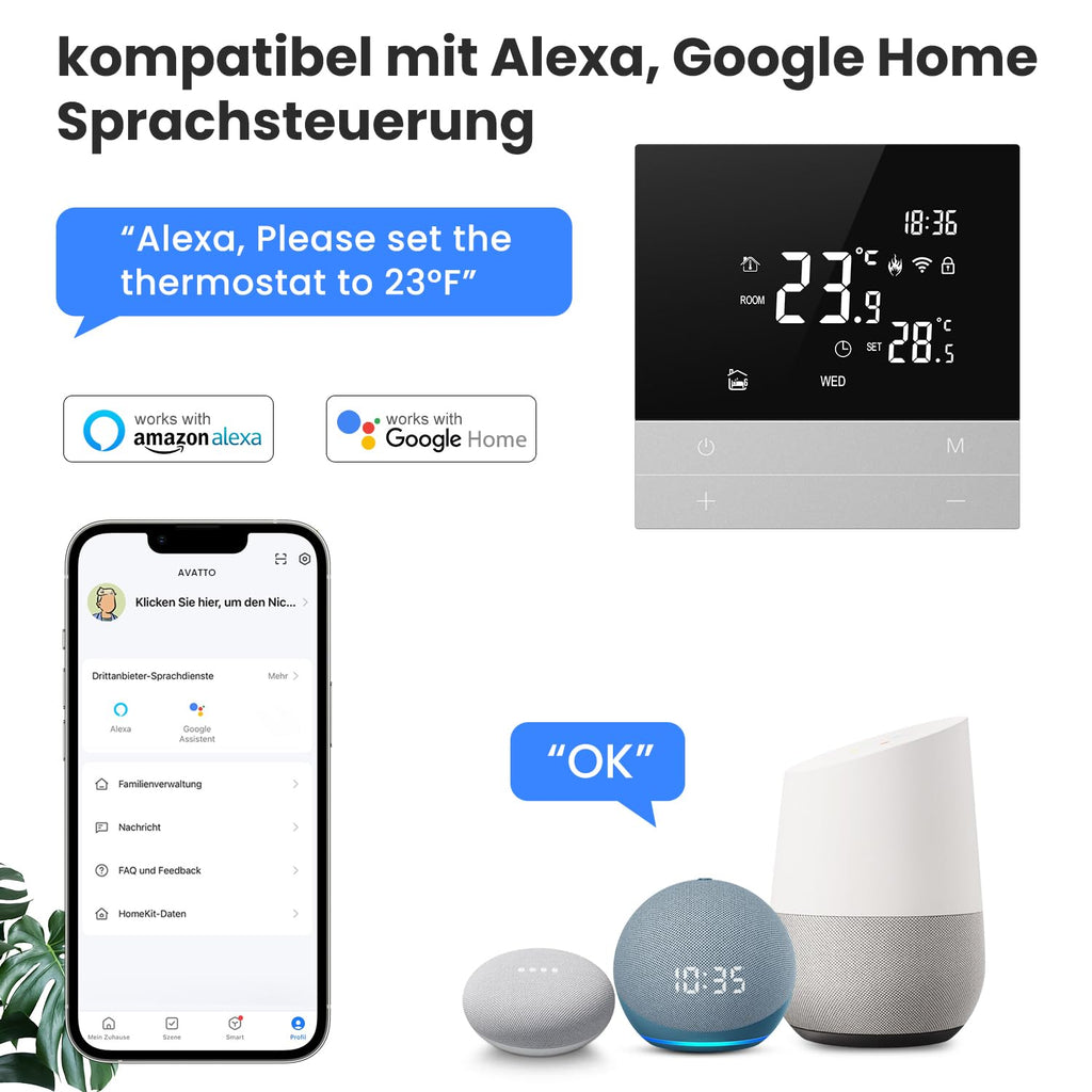 AVATTO Thermostat for Electric Underfloor Heating, Smart WiFi Thermostat Programmable Room Thermostat Compatible with Alexa, Google Home, Voice Control and Smart Life App Remote Control, 2.4 GHz WLAN