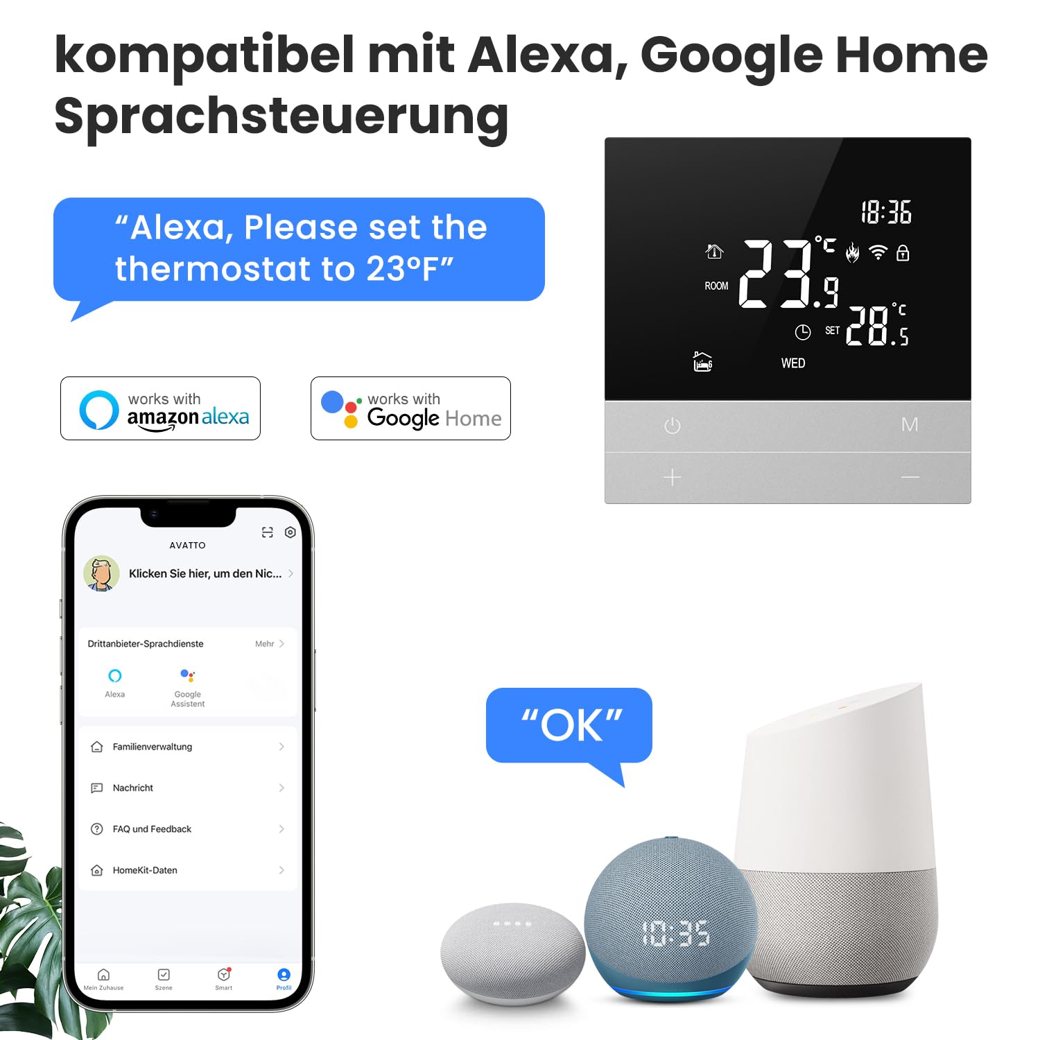 AVATTO Thermostat for Electric Underfloor Heating, Smart WiFi Thermostat Programmable Room Thermostat Compatible with Alexa, Google Home, Voice Control and Smart Life App Remote Control, 2.4 GHz WLAN