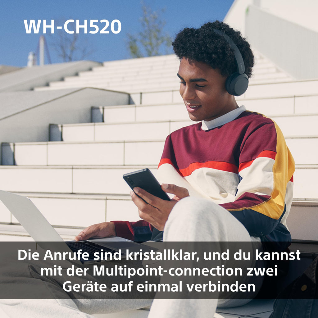 Sony WH-CH520 kabellose Bluetooth-On-Ear-Kopfhörer Hohe Klangqualität, leichtes Design, bis zu 50 Stunden Akkulaufzeit, Schnellladefunktion, EQ, klare Gesprächsqualität, kompatibel mit iOS & Android – Farbe: Beige.