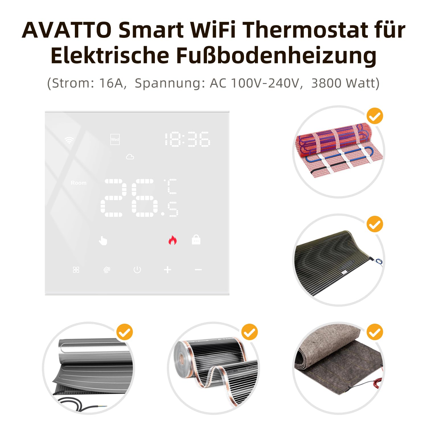AVATTO Thermostat for Electric Underfloor Heating, Smart WiFi Thermostat Programmable Room Thermostat Compatible with Alexa, Google Home, Voice Control and Smart Life App Remote Control, 2.4 GHz WLAN