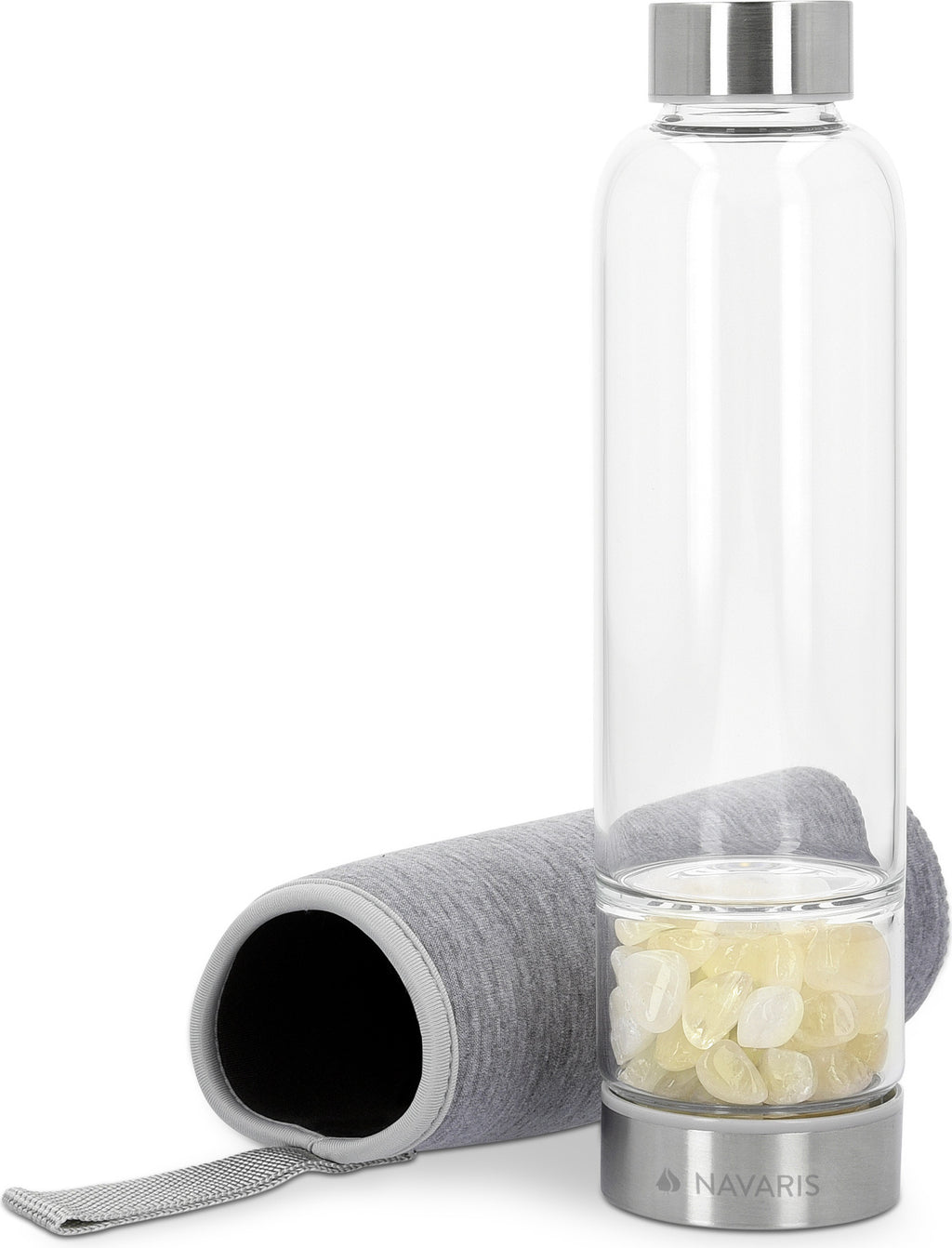 Navaris Wasserflasche mit Mineralstein und Neoprenhülle 420ml - Edelsteine Trinkflasche mit Hülle - Kristall Flasche Glasflasche Wasser Citrin