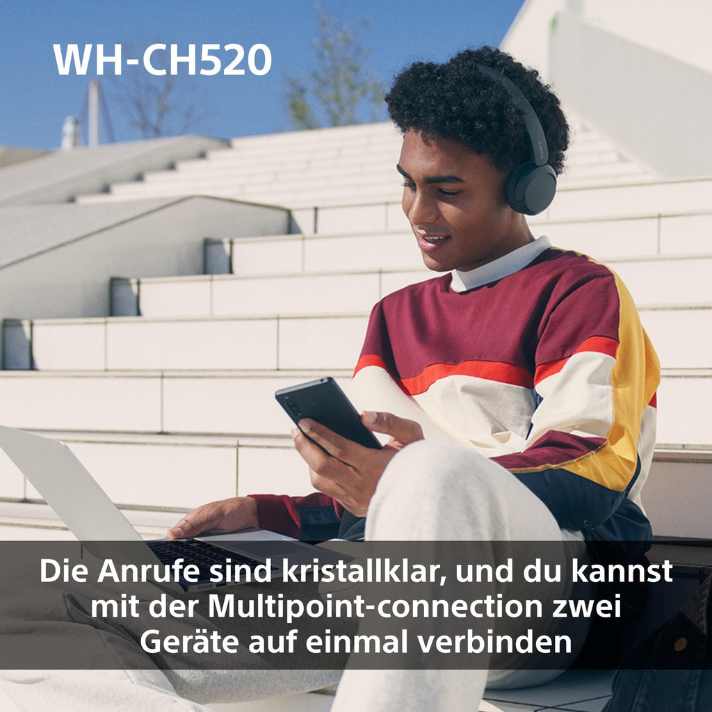 Sony WH-CH520 kabellose Bluetooth-On-Ear-Kopfhörer Hohe Klangqualität, leichtes Design, bis zu 50 Stunden Akkulaufzeit, Schnellladefunktion, EQ, klare Gesprächsqualität, kompatibel mit iOS & Android – Farbe: Beige.