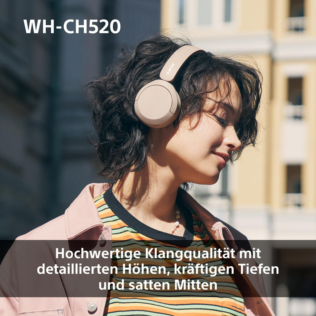Sony WH-CH520 kabellose Bluetooth-On-Ear-Kopfhörer Hohe Klangqualität, leichtes Design, bis zu 50 Stunden Akkulaufzeit, Schnellladefunktion, EQ, klare Gesprächsqualität, kompatibel mit iOS & Android – Farbe: Beige.