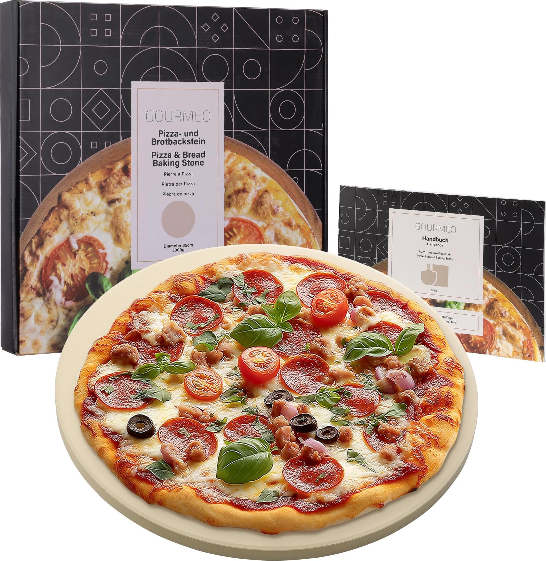 GOURMEO Pizzastein Cordierit rund - Durchmesser 35cm - Pizzastein für Backofen Grill Gasgrill - Pizza Stein - Steinplatte - Resistent gegen hohe