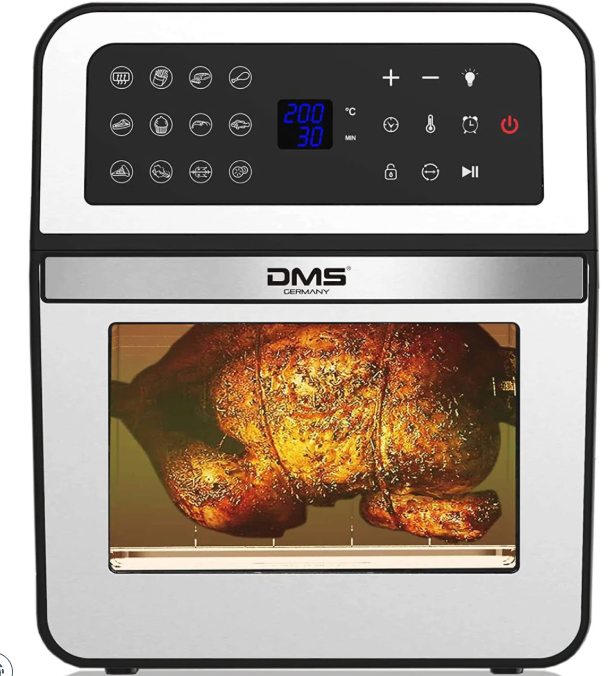 DMS XXXL 12 Liter Heißluftfritteuse Fritteuse| Backofen | Heißluftgrill | Dörrautomat | Drehgrill und Drehspieß | fettfrei und ohne Öl | inklusive 12 Programmen und digitalem Touch Display | 1800 Watt