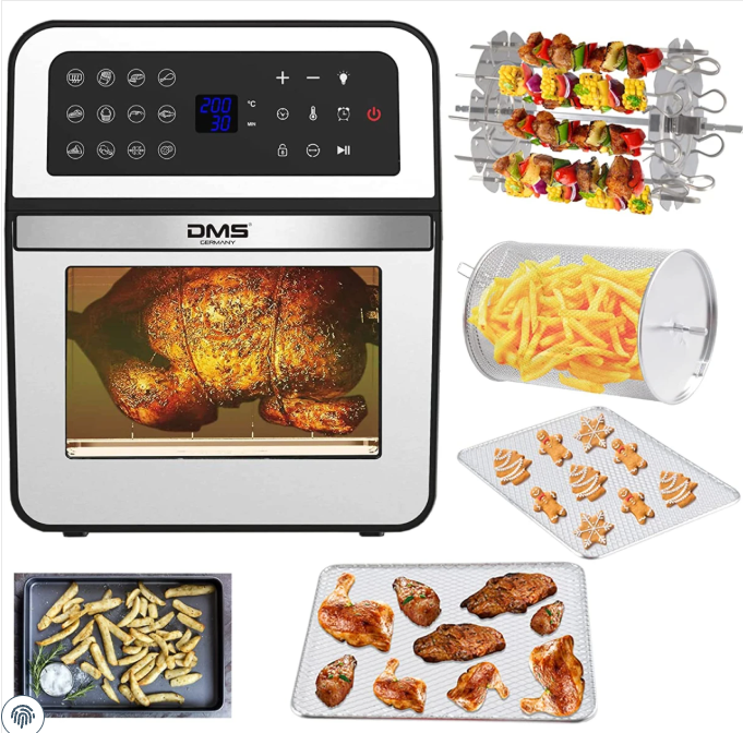 DMS XXXL 12 Liter Heißluftfritteuse Fritteuse| Backofen | Heißluftgrill | Dörrautomat | Drehgrill und Drehspieß | fettfrei und ohne Öl | inklusive 12 Programmen und digitalem Touch Display | 1800 Watt