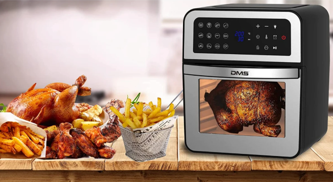 DMS XXXL 12 Liter Heißluftfritteuse Fritteuse| Backofen | Heißluftgrill | Dörrautomat | Drehgrill und Drehspieß | fettfrei und ohne Öl | inklusive 12 Programmen und digitalem Touch Display | 1800 Watt