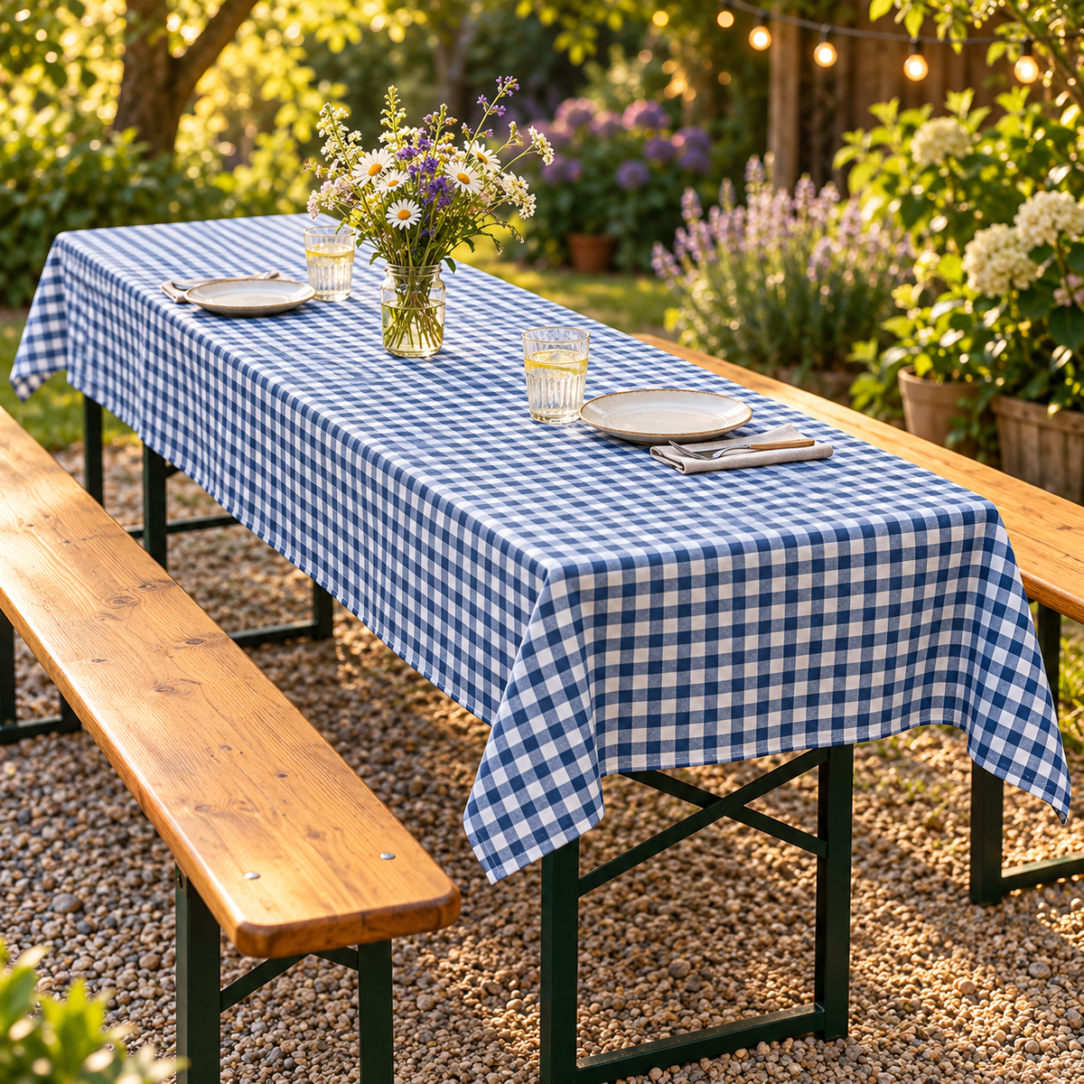JEMIDI Biertisch Tischdecke 90x240 cm Blau Weiß Karo Stofftischdecke Bierzelt