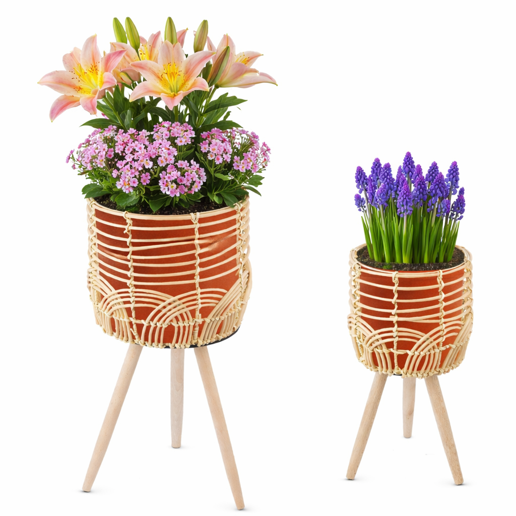 Navaris 2x Blumentopf mit Ständer im Rattan Look - Boho Blumentopf geflochten - Pflanzen Hocker im Korb Design - Blumentopfständer mit Beinen aus Holz