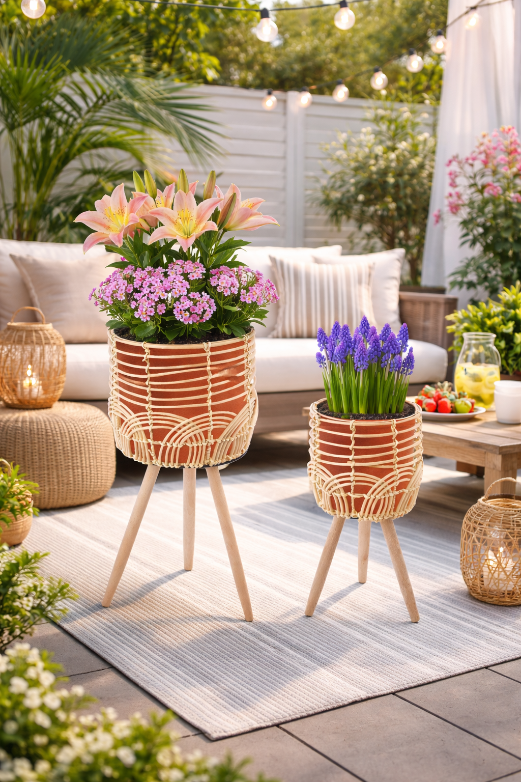 Navaris 2x Blumentopf mit Ständer im Rattan Look - Boho Blumentopf geflochten - Pflanzen Hocker im Korb Design - Blumentopfständer mit Beinen aus Holz