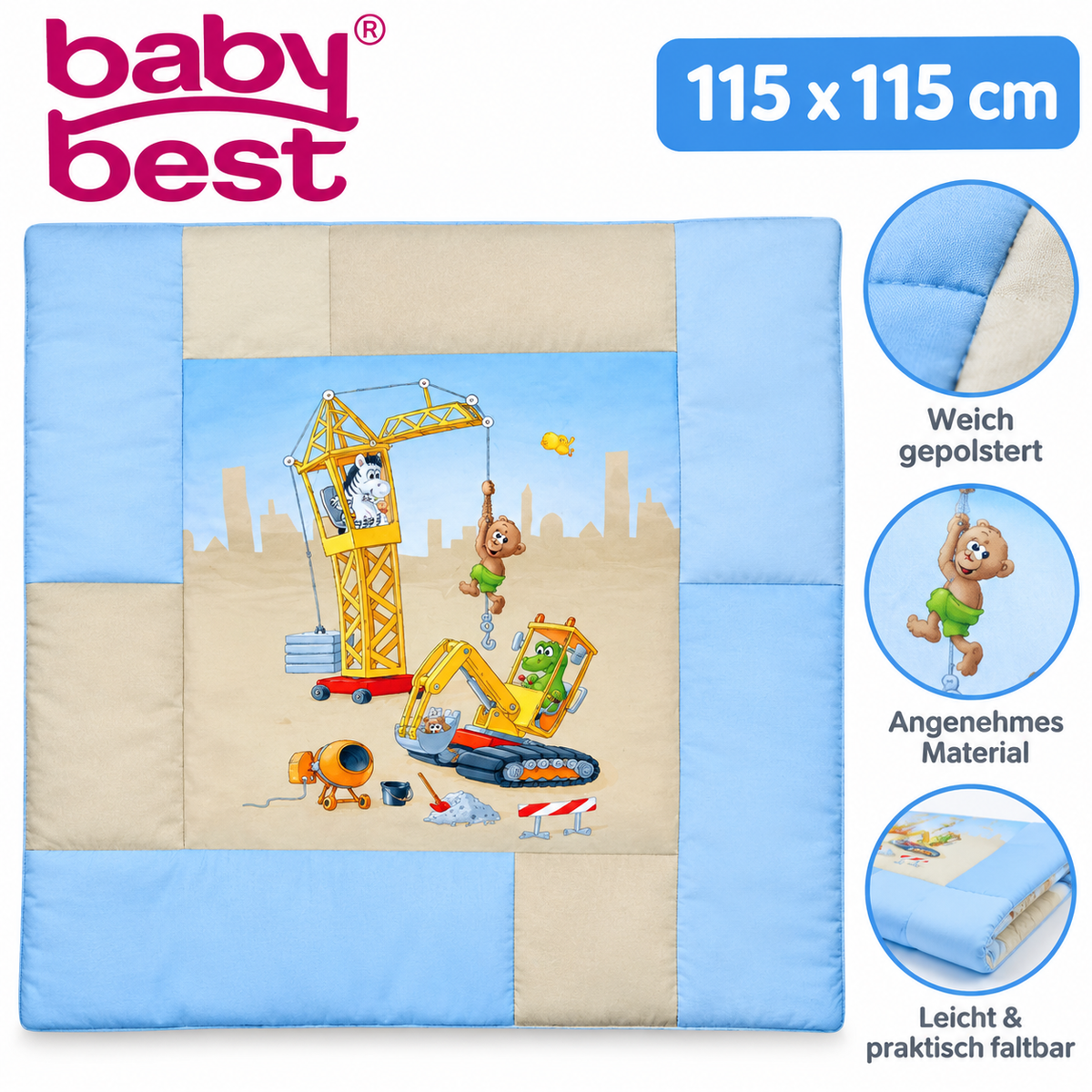 Baby Best Baustelle Krabbeldecke 115x115 cm Spieldecke Herding Bagger Neu