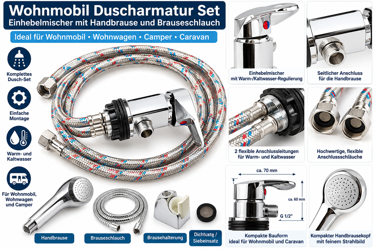 Wohnmobil Duscharmatur Set Einhebelmischer Handbrause Schlauch Chrom Camper