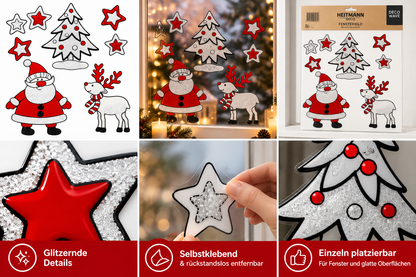 HEITMANN DECO Fensterbild Weihnachten Weihnachtsmann Rentier Baum Sterne Glitzer