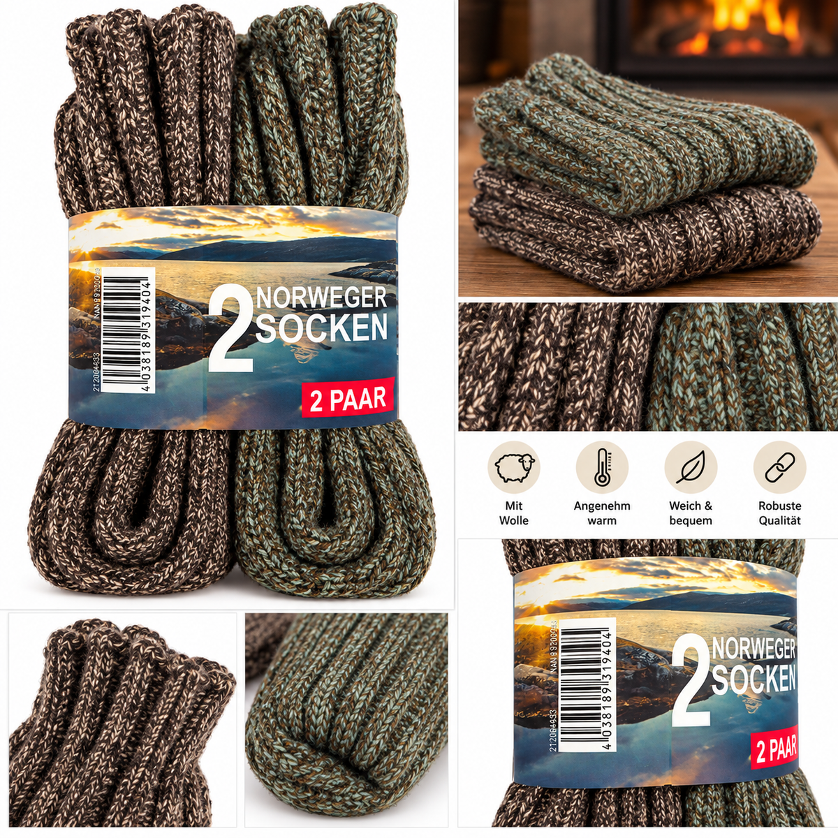 2 Paar Norweger Socken Wollsocken 32% Wolle Warm Winter verschiedene Größen