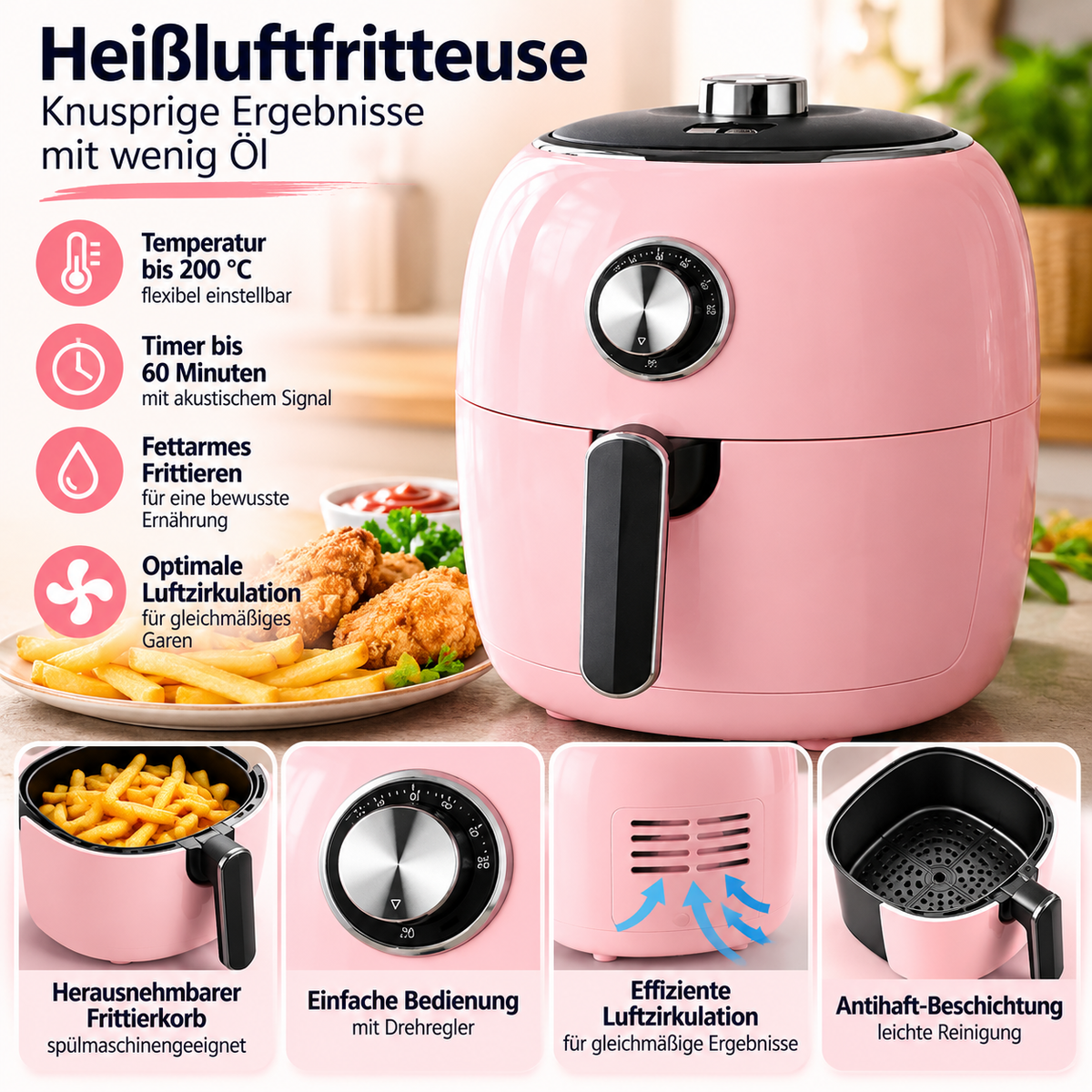 DMS® Retro Heißluftfritteuse HFR-35  3,5L | 1400W | Fettarm & Knusprig