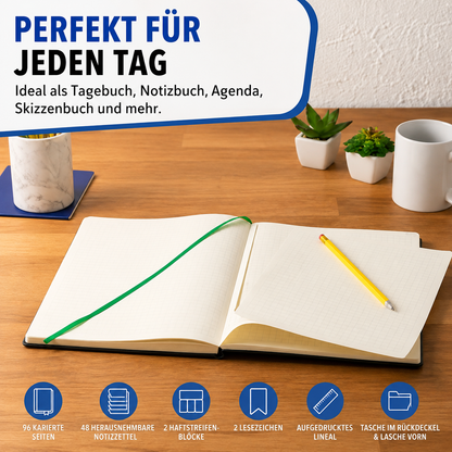 WINTEX Notizbuch DIN A4 96 Seiten Kunstleder Organizer kariert Schwarz