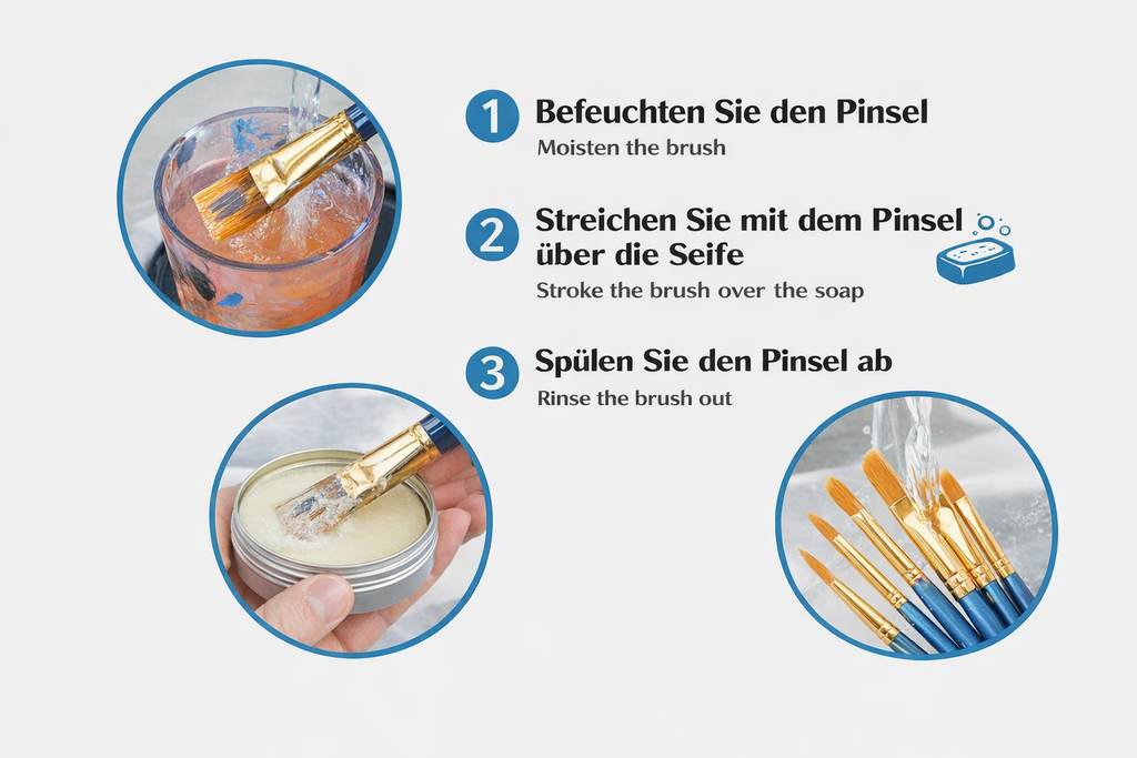 Pinselreiniger Set 3×40g – Seife für Acryl- & Aquarellpinsel, vegan, Künstlerbedarf