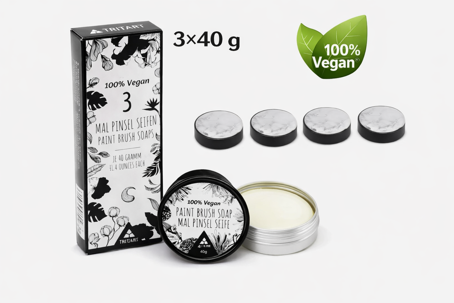 Pinselreiniger Set 3×40g – Seife für Acryl- & Aquarellpinsel, vegan, Künstlerbedarf