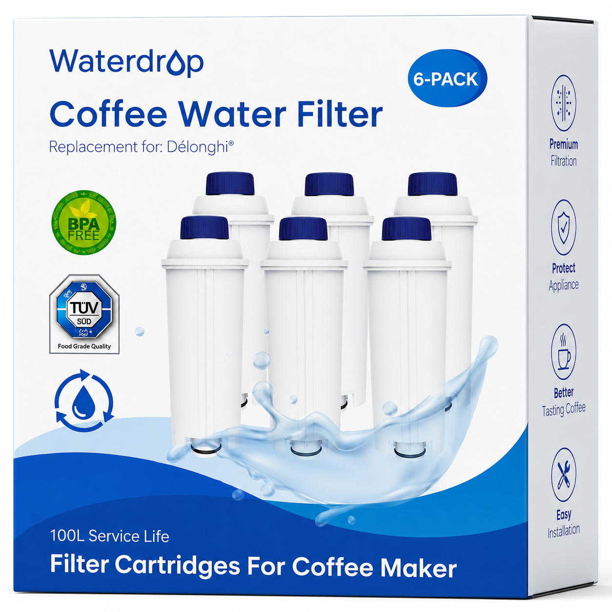 Waterdrop WD-C11 6x Wasserfilter kompatibel mit De'Longhi DLS C002 SER3017