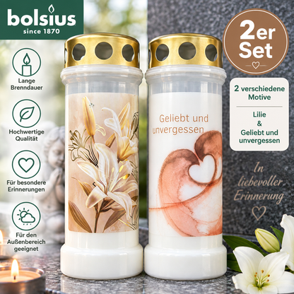 2er Set Bolsius Grabkerzen Grablicht Lilie Geliebt & Unvergessen Golddeckel