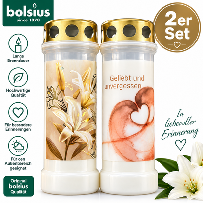 2er Set Bolsius Grabkerzen Grablicht Lilie Geliebt & Unvergessen Golddeckel