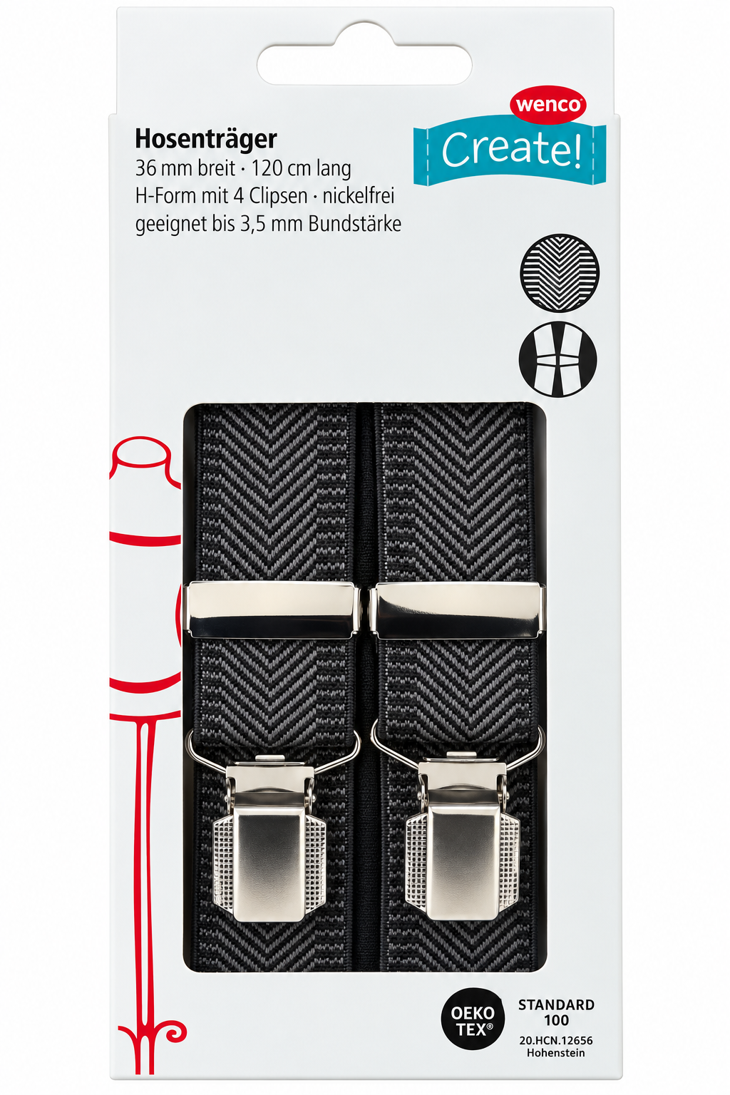 Wenco Create Hosenträger 120cm 36mm H-Form 4 Clips Grau Fischgrät Muster