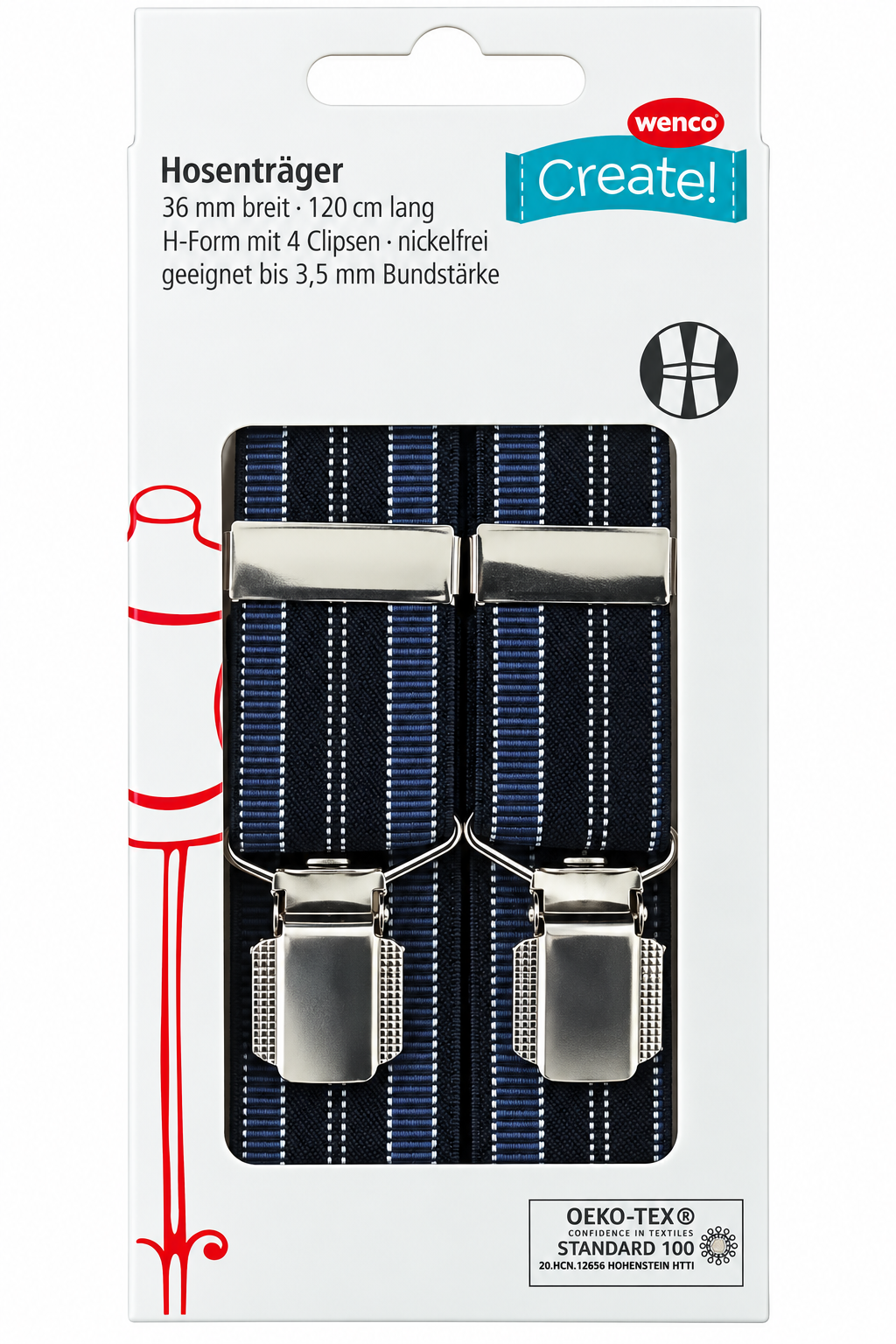 Wenco Hosenträger Herren Blau Gestreift 120cm 36mm 4 Clips H-Form