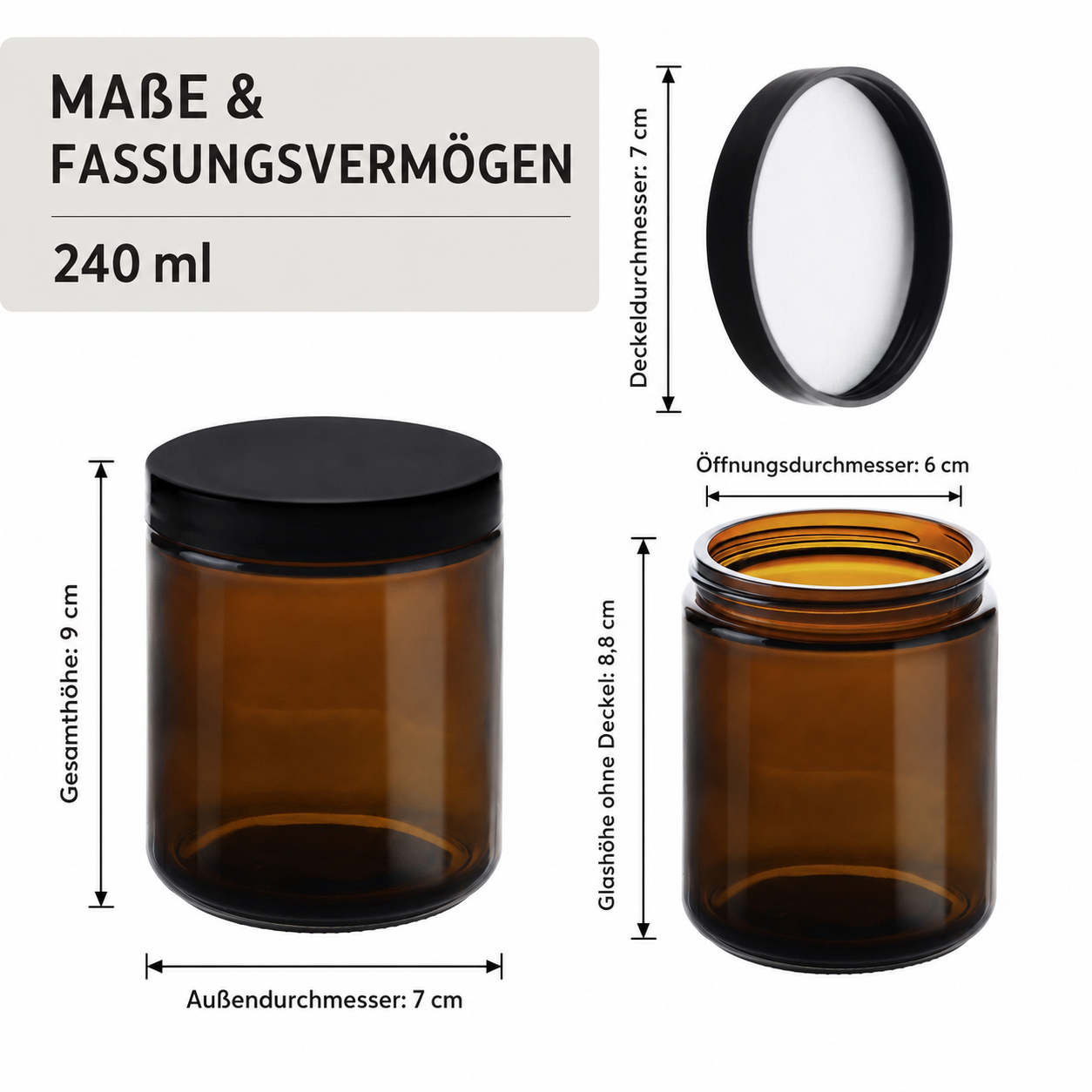 BELLE VOUS 8er Braunglas Tiegel 240ml Kosmetikdosen Apothekerglas Schraubdeckel
