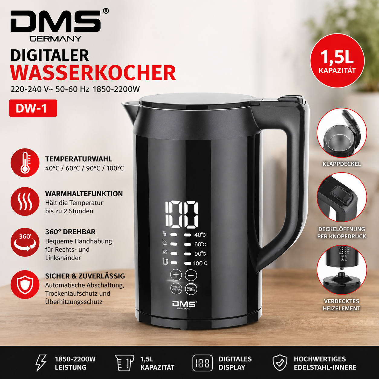 DMS Digitaler Wasserkocher 1,5L 2200W Edelstahl Temperaturwahl 40-100°C LED