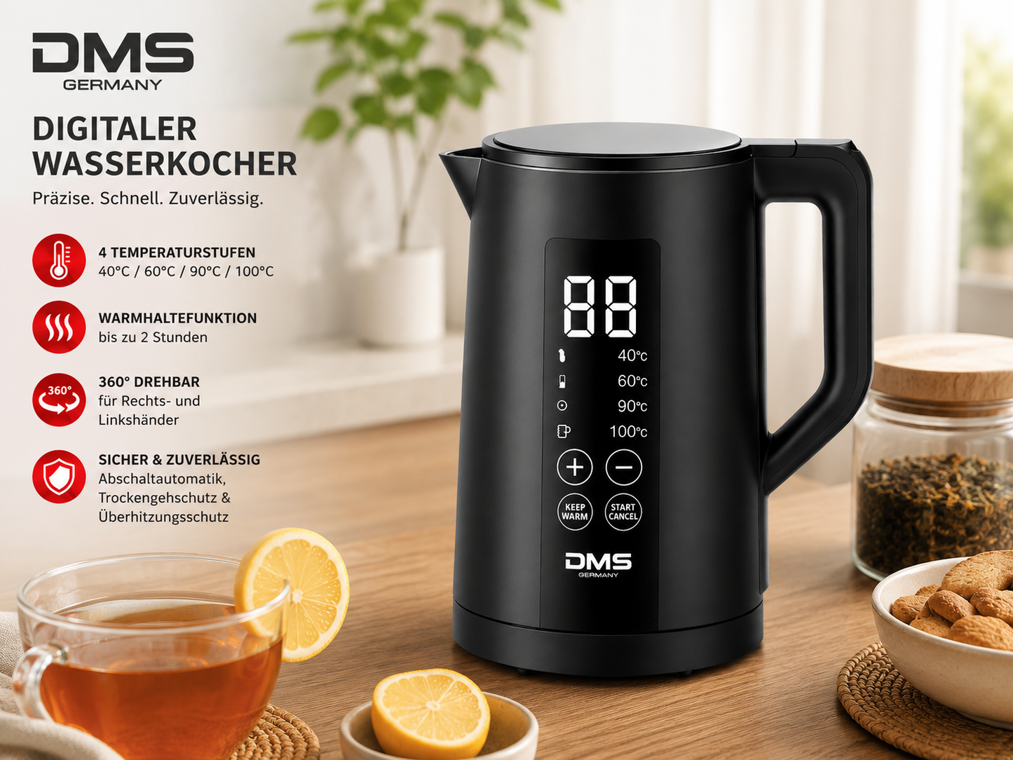 DMS Digitaler Wasserkocher 1,5L 2200W Edelstahl Temperaturwahl 40-100°C LED
