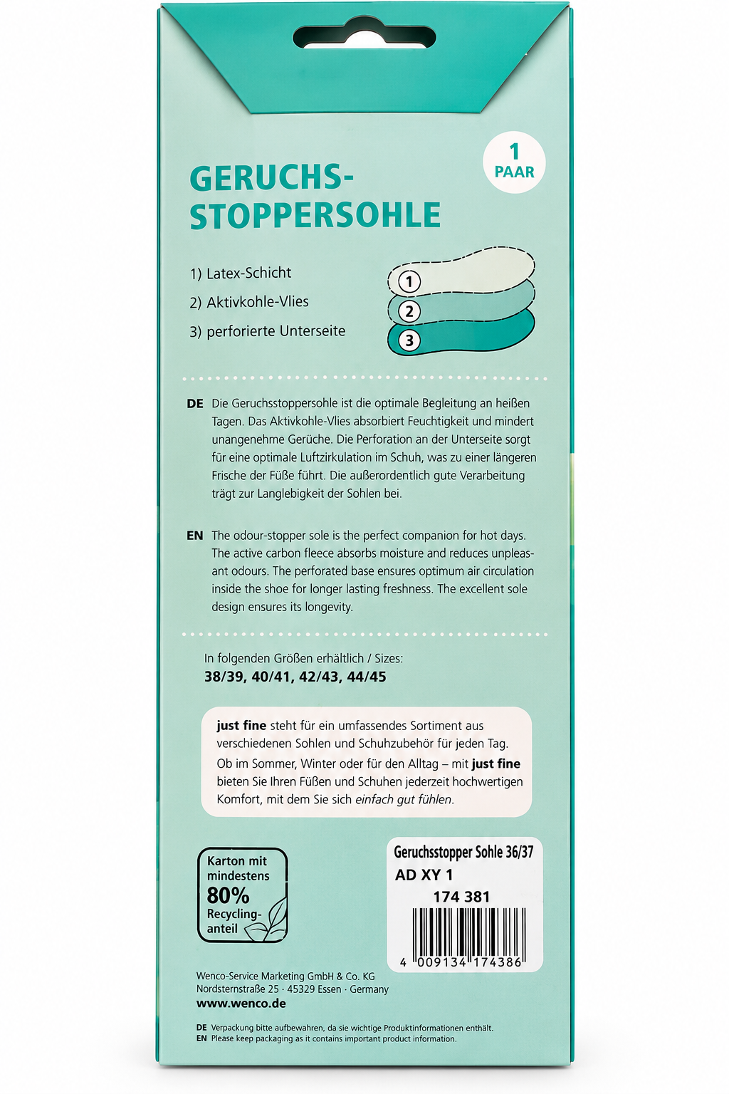 Just Fine Geruchsstopper Einlegesohlen 36/37 Aktivkohle Schuheinlagen 1 Paar