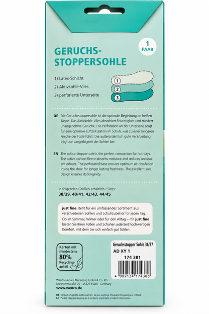Just Fine Geruchsstopper Einlegesohlen 36/37 Aktivkohle Schuheinlagen 1 Paar