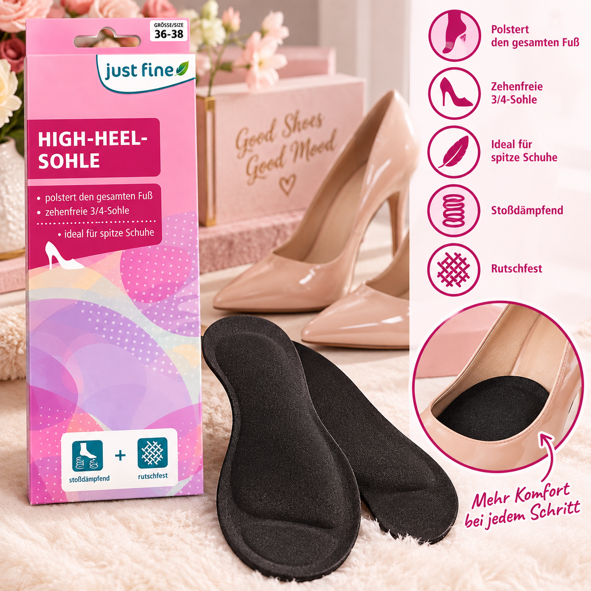 Just Fine High Heel Gel Einlegesohlen 36-38 3/4 Sohle Pumps Damen rutschfest