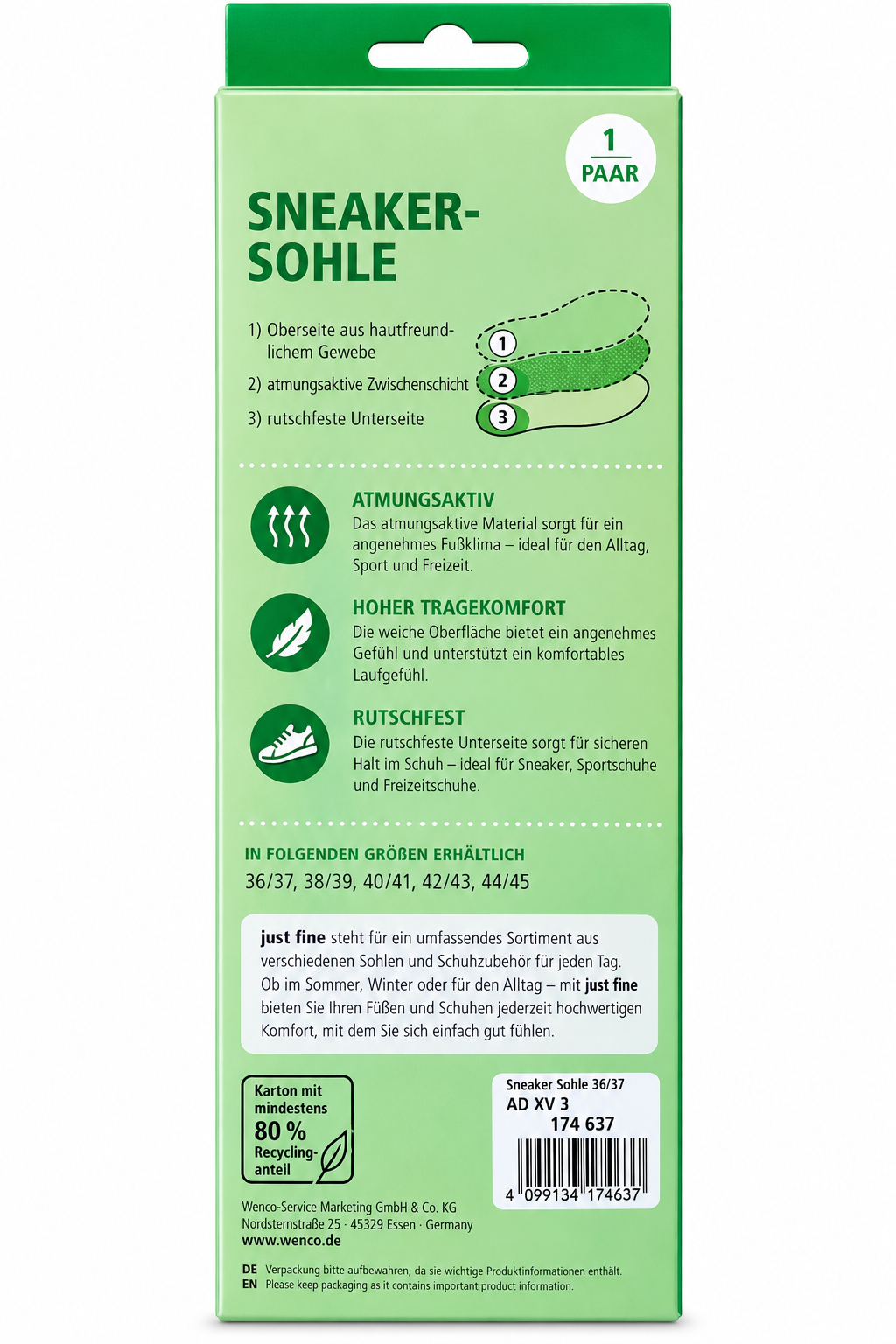 Just Fine Sneaker Einlegesohlen 38/39 Gel Fersenkissen Sport Freizeit Fußbett