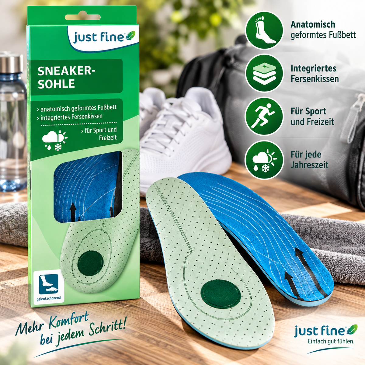 Just Fine Sneaker Einlegesohlen 38/39 Gel Fersenkissen Sport Freizeit Fußbett