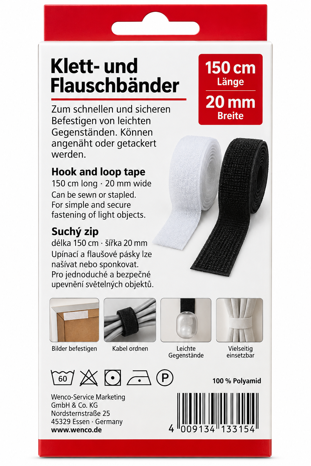 Wenco Klettband 150cm x 20mm Schwarz zum Annähen zuschneidbar 100% Polyamid