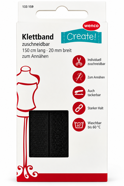 Wenco Klettband 150cm x 20mm Schwarz zum Annähen zuschneidbar 100% Polyamid